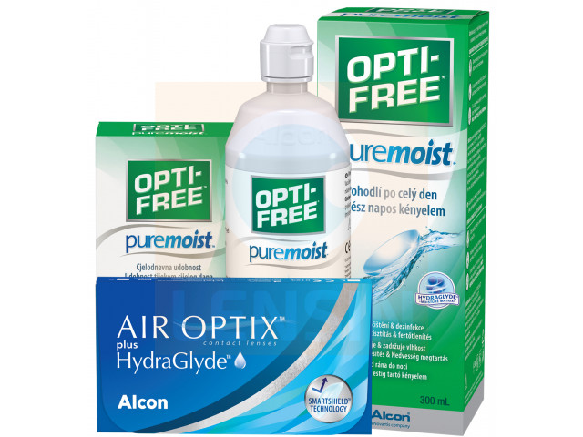 Air Optix® HydraGlyde® (2 лещи) + Разтвор Opti-Free Pure Moist 300+60 ml Пакет с Air Optix plus HydraGlyde