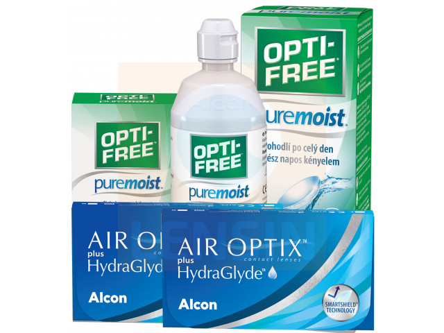 Air Optix® HydraGlyde® (6 + 6 лещи) + Разтвор Opti-Free Pure Moist 300+60 ml Пакети с Air Optix plus HydraGlyde