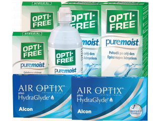 Air Optix® HydraGlyde® (6 + 6 лещи) + 2 Разтворa Opti-Free Pure Moist 300 + 60 ml