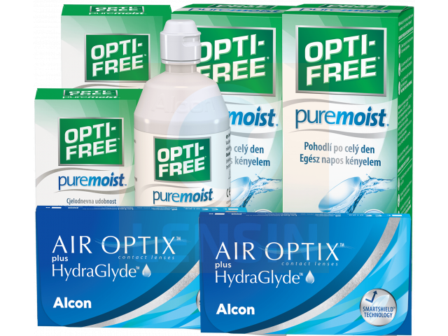 Air Optix® HydraGlyde® (6 + 6 лещи) + 2 Разтворa Opti-Free Pure Moist 300+60 ml Пакети с Air Optix plus HydraGlyde