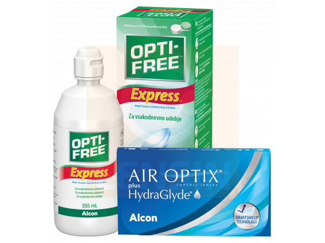 Air Optix® HydraGlyde® (2 лещи) + Разтвор Opti-Free Express 355 ml Пакет с Air Optix plus HydraGlyde