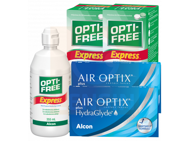 Air Optix® HydraGlyde® (6 + 6 лещи) + 2 Разтвора Opti-Free Express 355 ml Пакет с Air Optix plus HydraGlyde