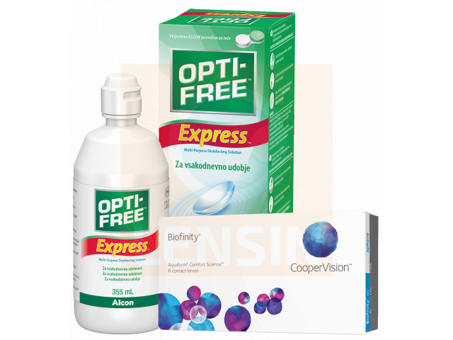 Biofinity® (3 + 3 лещи) + Разтвор Opti-Free Express 355ml Пакети с Biofinity