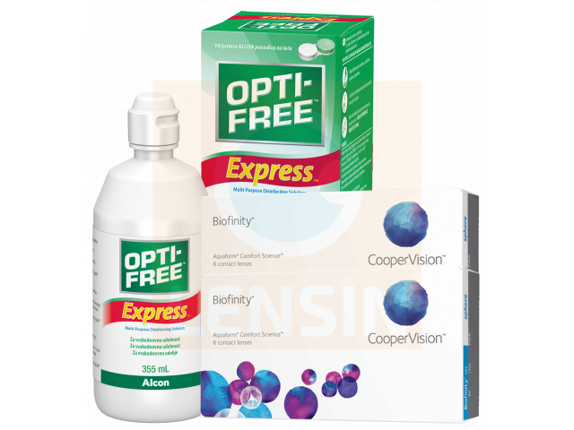 Biofinity® (6 + 6 лещи) + Разтвор Opti-Free Express 355ml Пакет с Biofinity