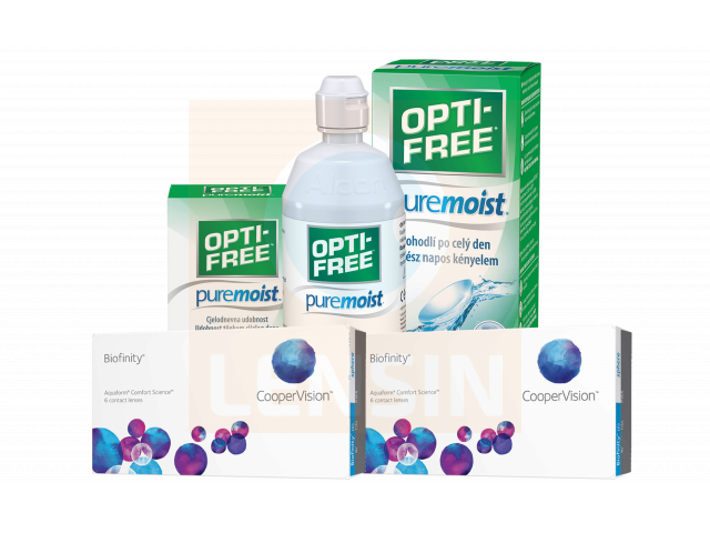 Biofinity® (6 + 6 лещи) + Разтвор Opti-Free Pure Moist 300 + 60 ml Пакет с Biofinity