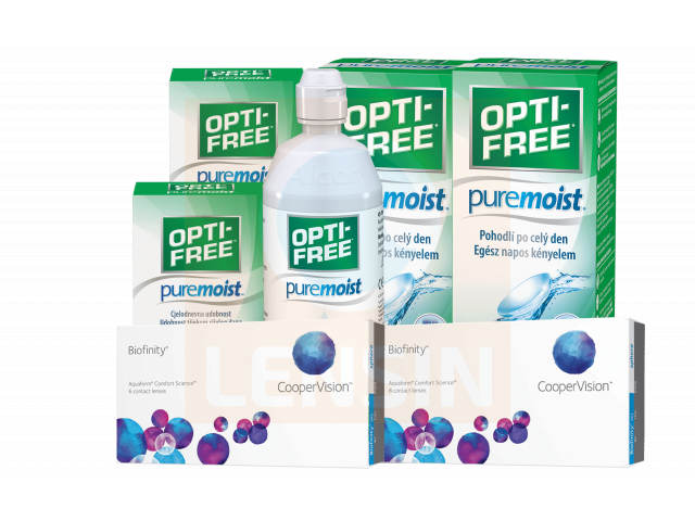 Biofinity® (6 + 6 лещи) + 2 Разтворa Opti-Free Pure Moist 300 + 60 ml Пакет с Biofinity