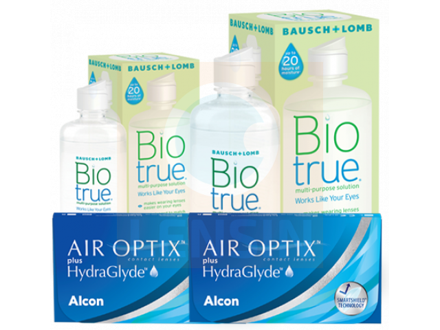 Air Optix® HydraGlyde® (6 + 6 лещи) + Разтвор BioTrue 360+60 ml Пакети с Air Optix plus HydraGlyde