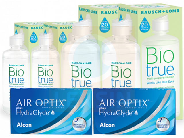 Air Optix® HydraGlyde® (6 + 6 лещи) + 2 Разтворa BioTrue 360+60 ml Пакети с Air Optix plus HydraGlyde