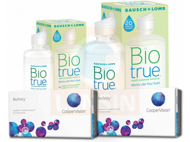 Biofinity® (6 + 6 лещи) + Разтвор BioTrue 360 ml + 60 ml Пакет с Biofinity