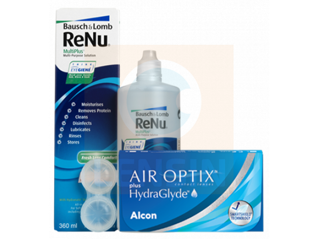 Air Optix® HydraGlyde® (2 лещи) + Разтвор Renu MultiPlus 360 ml Пакет с Air Optix plus HydraGlyde