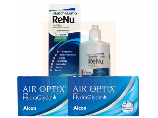 Air Optix® HydraGlyde® (6 + 6 лещи) + Разтвор Renu MultiPlus 360 ml Пакет с Air Optix plus HydraGlyde