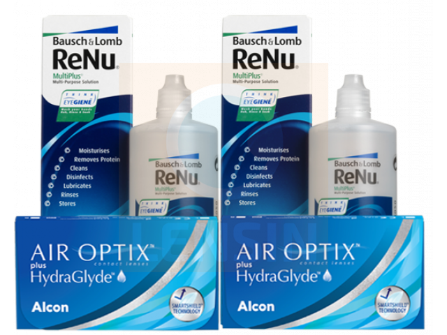 Air Optix® HydraGlyde® (6 + 6 лещи) + 2 Разтвора Renu MultiPlus 360 ml Пакет с Air Optix plus HydraGlyde