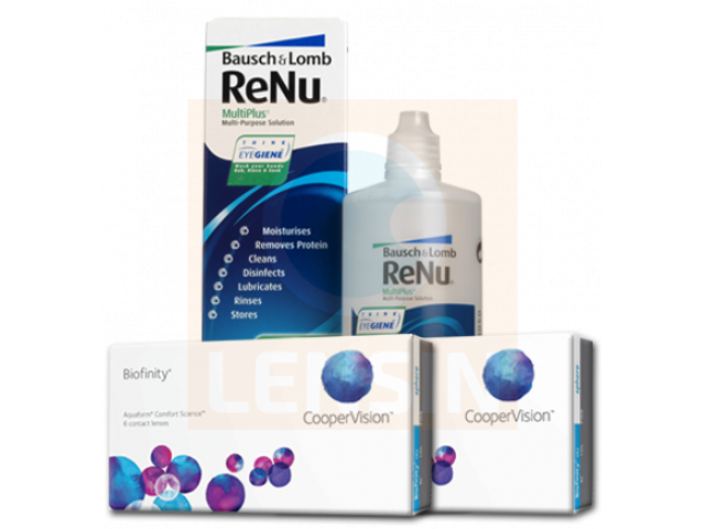 Biofinity® (6 + 6 лещи) + Разтвор Renu MultiPlus 360 ml Пакет с Biofinity