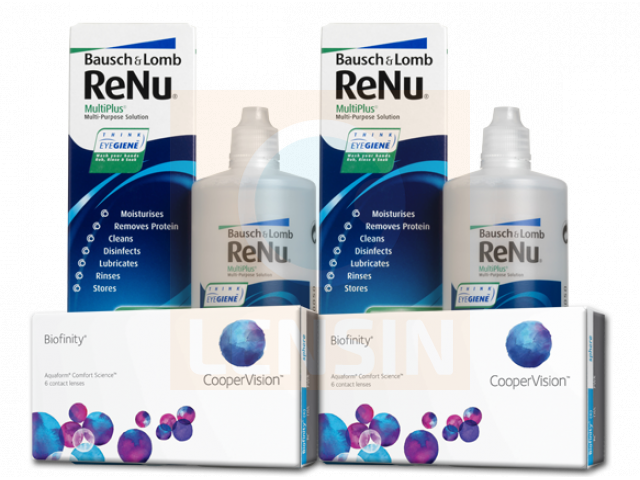 Biofinity® (6 + 6 лещи) + 2 Разтворa Renu MultiPlus 360 ml Пакет с Biofinity