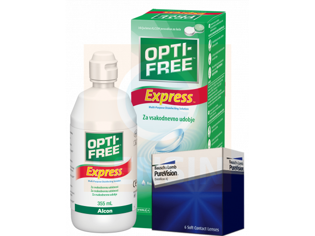 PureVision® (3 + 3 лещи) + Разтвор Opti-Free Express 355 ml Пакет с Pure Vision