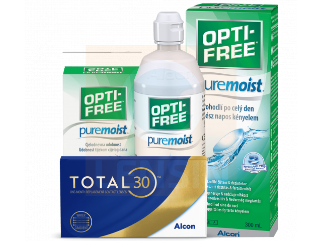 TOTAL30® (3 + 3 лещи) + Разтвор Opti-Free Pure Moist 300 + 60 ml Пакет с TOTAL 30