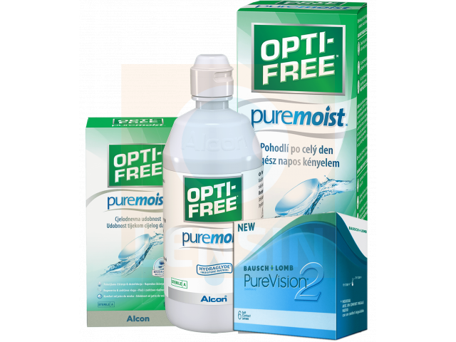 PureVision® 2 (3 + 3 лещи) + Разтвор Opti-Free Pure Moist 300 + 60 ml Пакет с Pure Vision 2