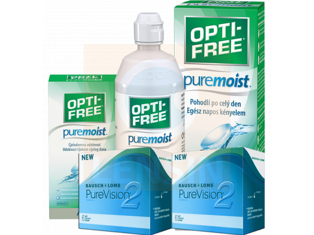PureVision® 2 (6 + 6 лещи) + Разтвор Opti-Free Pure Moist 300 + 60 ml Пакет с Pure Vision 2