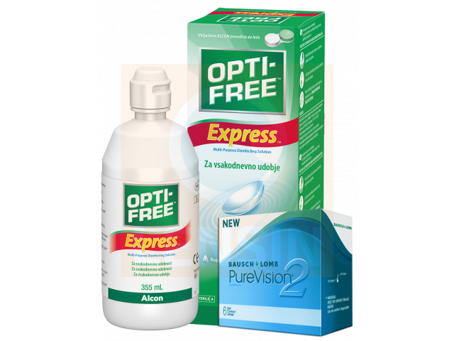 PureVision® 2 (2 лещи) + Разтвор Opti-Free Express 355 ml Пакет с Pure Vision 2