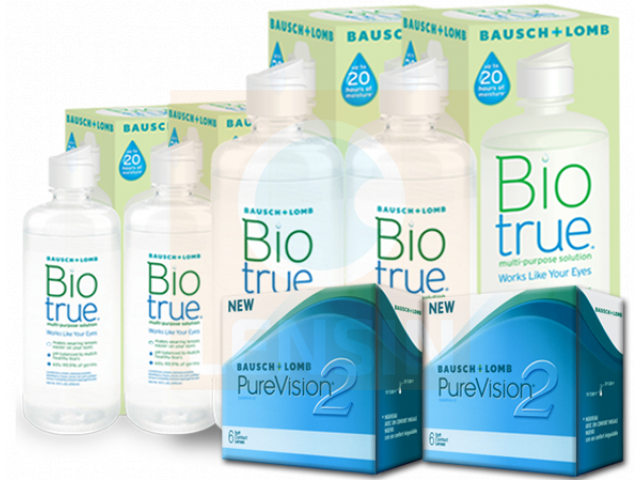 PureVision® 2 (6 + 6 лещи) + 2 Разтворa BioTrue 360 + 60 ml Пакет с Pure Vision 2