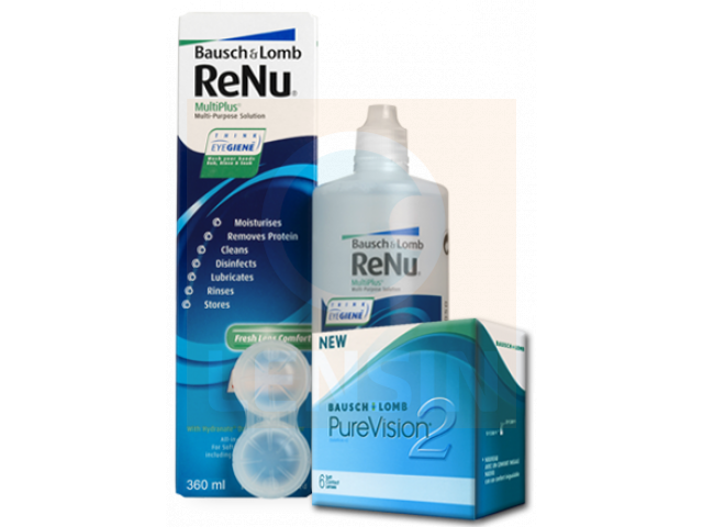 PureVision® 2 (3 + 3 лещи) + Разтвор Renu 360 ml Пакет с Pure Vision 2