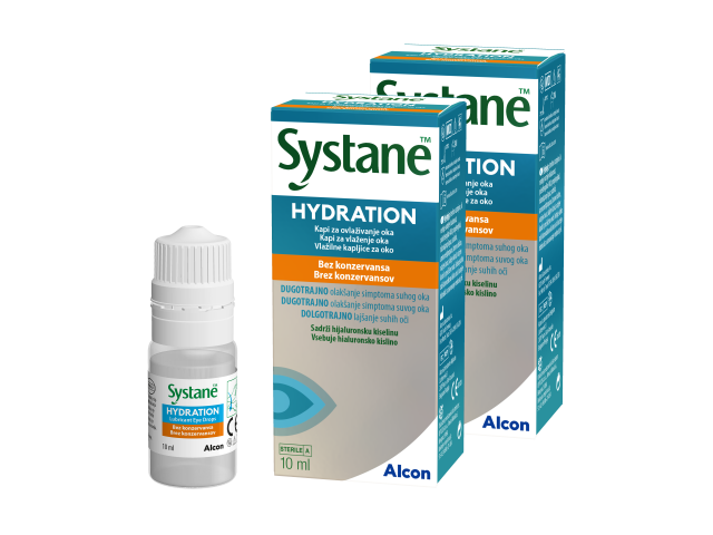 Systane Hydration 10 мл - Овлажняващи капки с хиалуронова киселина - Без консерванти + Подарък 3 мл Овлажняващи капки / Изкуствени сълзи