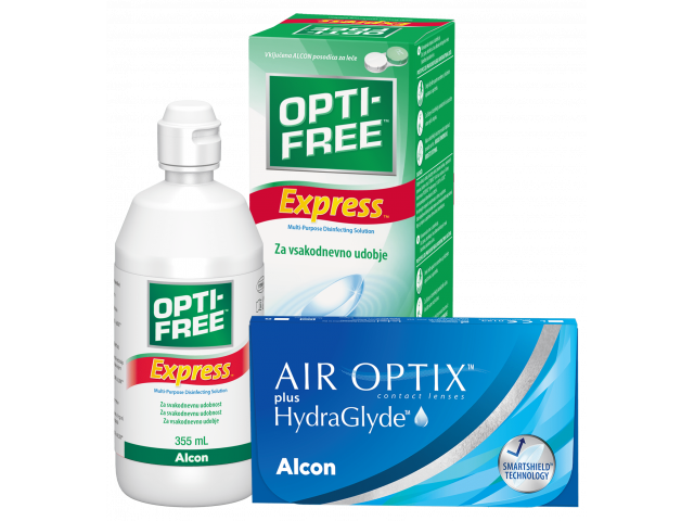 Air Optix® HydraGlyde® (3 + 3 лещи) + Разтвор Opti-Free Express 355 ml Пакет с Air Optix plus HydraGlyde