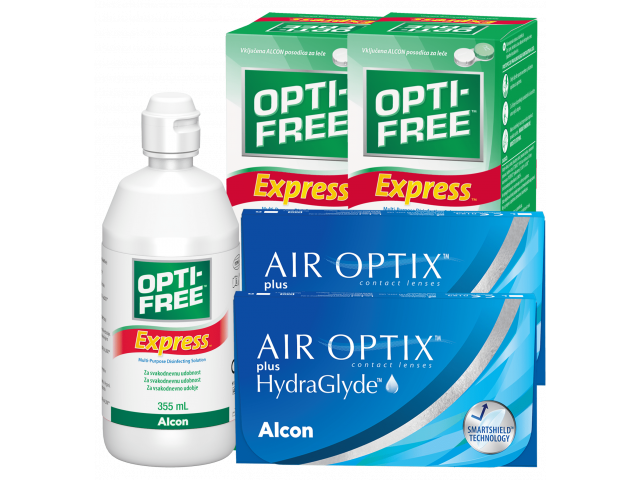 Air Optix® HydraGlyde® (6 + 6 лещи) + 2 Разтвора Opti-Free Express 355 ml Пакет с Air Optix plus HydraGlyde