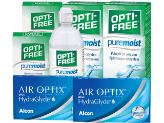 Air Optix® HydraGlyde® (6 + 6 лещи) + 2 Разтворa Opti-Free Pure Moist 300 + 60 ml