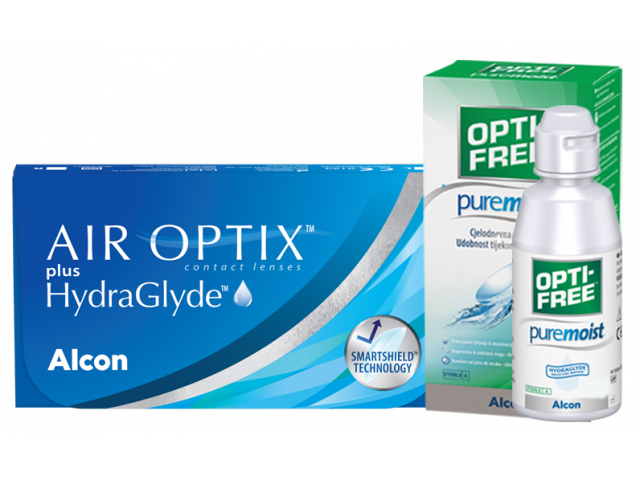 Air Optix® HydraGlyde® (3 + 3 лещи)  + Opti-Free Pure Moist 90 ml месечни контактни лещи