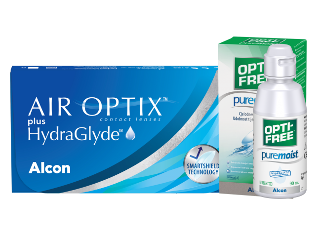 Air Optix® Plus HydraGlyde® (6 лещи) + Подарък разтвор Opti-Free Pure Moist 90 ml с контейнер месечни контактни лещи