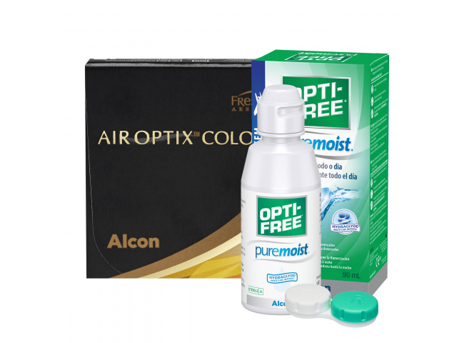 Air Optix® Colors - Сапфир (True sapphire) - 2 лещи + Разтвор Opti-Free Pure Moist 90 ml с контейнер Дишащи цветни контактни лещи (2 броя)