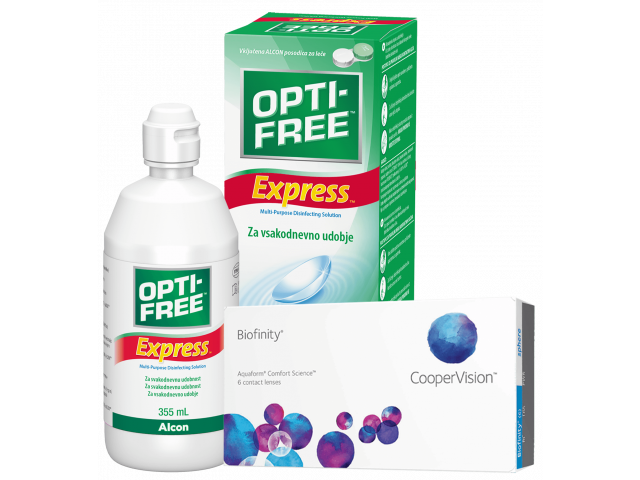 Biofinity® (6 лещи) + Разтвор Opti-Free Express 355ml Пакети с Biofinity