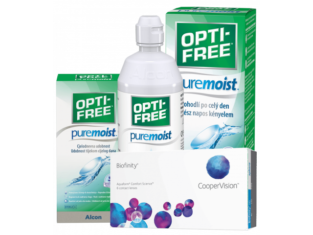 Biofinity® (6 лещи) + Разтвор Opti-Free Pure Moist 300 ml + 60 ml Пакет с Biofinity