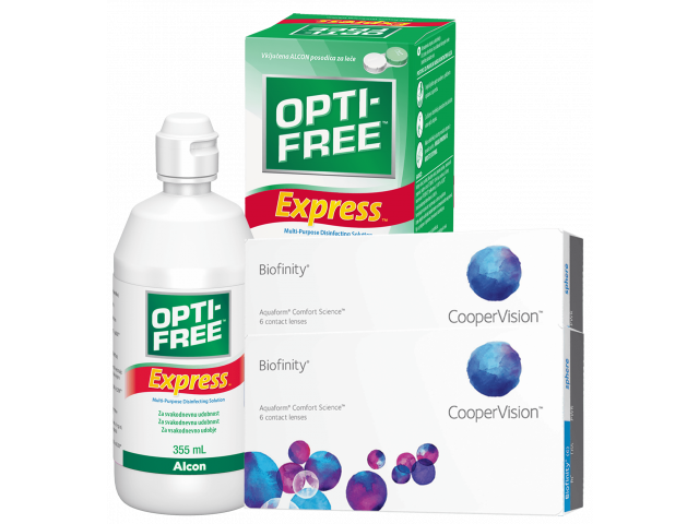Biofinity® (6 + 6 лещи) + Разтвор Opti-Free Express 355ml Пакет с Biofinity