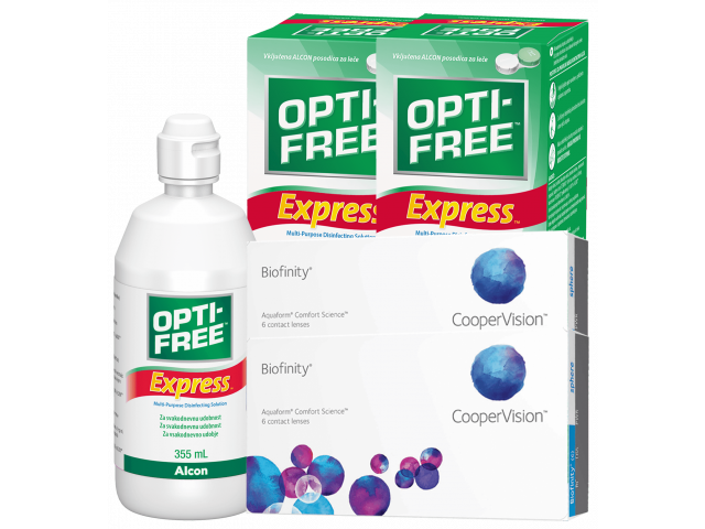 Biofinity® (6 + 6 лещи) + 2 Разтворa Opti-Free Express 355ml Пакети с Biofinity