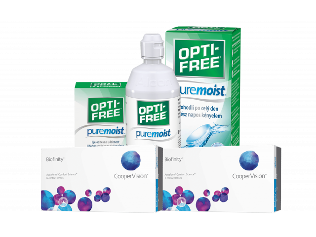 Biofinity® (6 + 6 лещи) + Разтвор Opti-Free Pure Moist 300 ml + 60 ml Пакет с Biofinity
