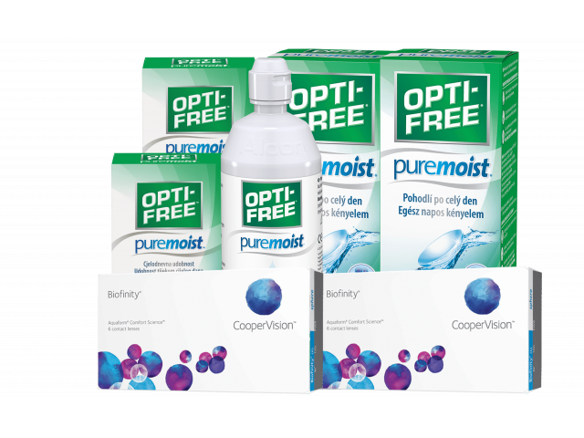 Biofinity® (6 + 6 лещи) + 2 Разтворa Opti-Free Pure Moist 300 + 60 ml Пакет с Biofinity
