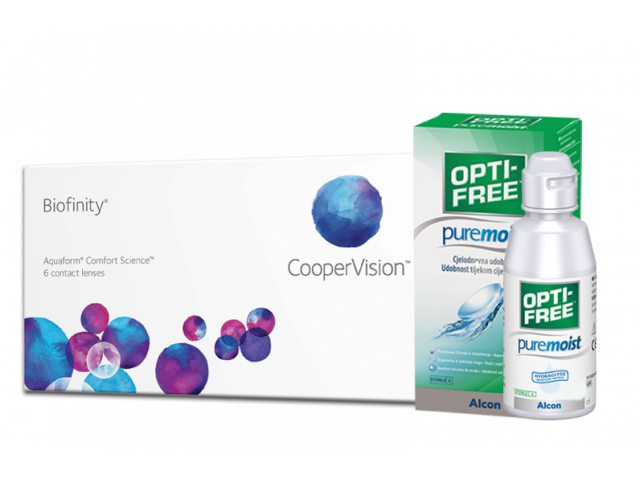 Biofinity® (6 лещи) + Подарък разтвор Opti-Free Pure Moist 90 ml с контейнер месечни контактни лещи