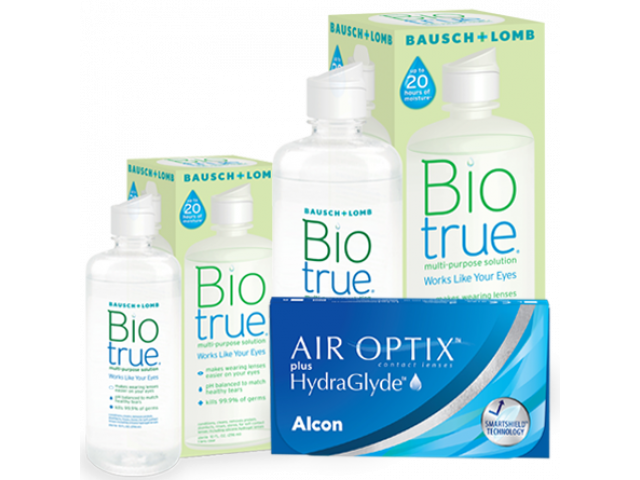 Air Optix® HydraGlyde® (6 лещи) + Разтвор BioTrue 360+60 ml Пакети с Air Optix plus HydraGlyde