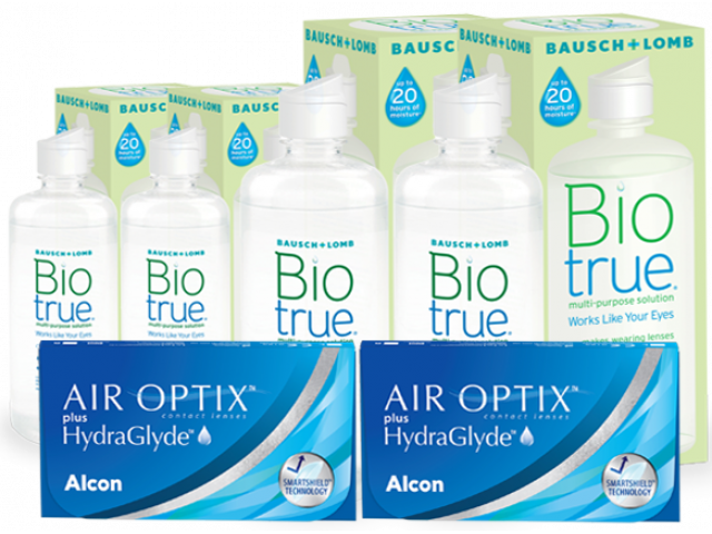 Air Optix® HydraGlyde® (6 + 6 лещи) + 2 Разтворa BioTrue 360+60 ml Пакети с Air Optix plus HydraGlyde