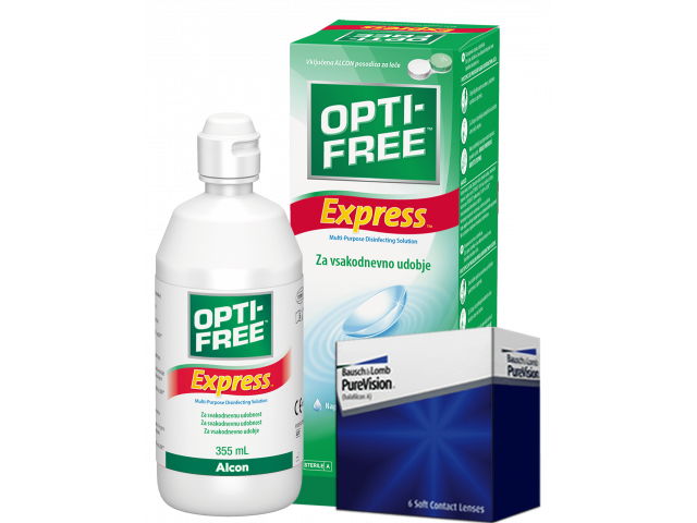PureVision® (6 лещи) + Разтвор Opti-Free Express 355 ml Пакет с Pure Vision