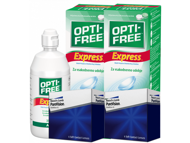 PureVision® (6 + 6 лещи) + 2 Разтворa Opti-Free Express 355 ml Пакет с Pure Vision