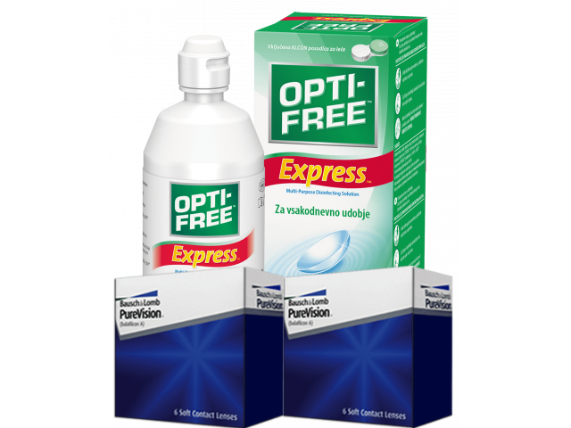 PureVision® (6 + 6 лещи) + Разтвор Opti-Free Express 355 ml Пакет с Pure Vision