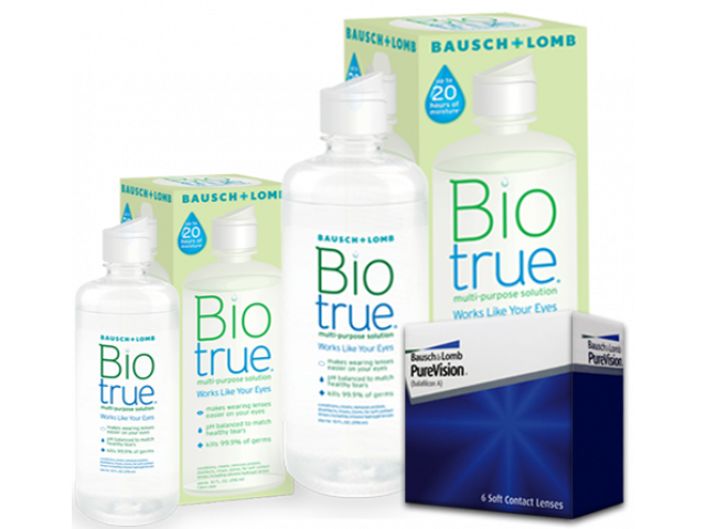 PureVision® (6 лещи) + Разтвор BioTrue 360 + 60 ml Пакет с Pure Vision