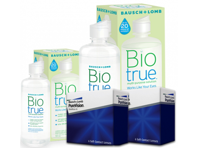 PureVision® (6 + 6 лещи) + Разтвор BioTrue 360 + 60 ml Пакет с Pure Vision