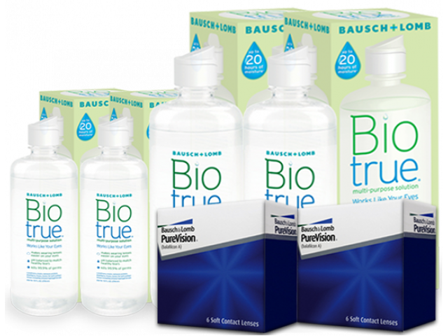 PureVision® (6 + 6 лещи) + 2 Разтвора BioTrue 360 + 60 ml Пакет с Pure Vision