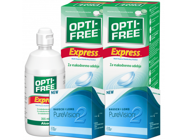 PureVision® 2 HD (6 + 6 лещи) + 2 Разтвора Opti-Free Express 355 ml Пакет с Pure Vision 2