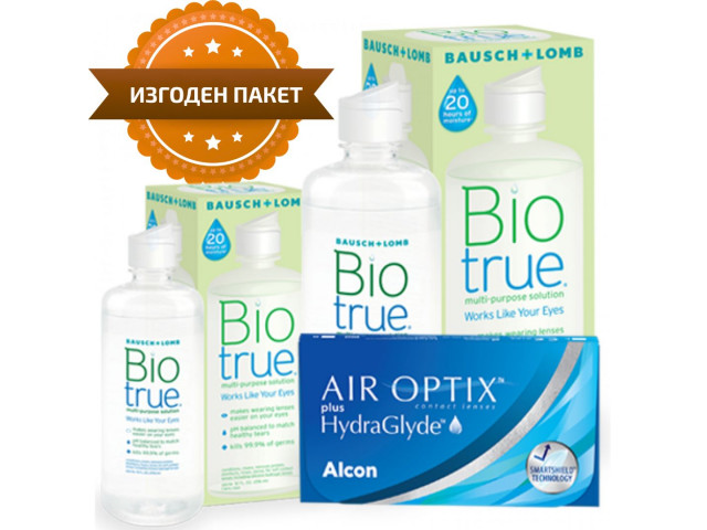Air Optix® HydraGlyde® (3 + 3 лещи) + Разтвор BioTrue 360+60 ml Пакет с Air Optix plus HydraGlyde