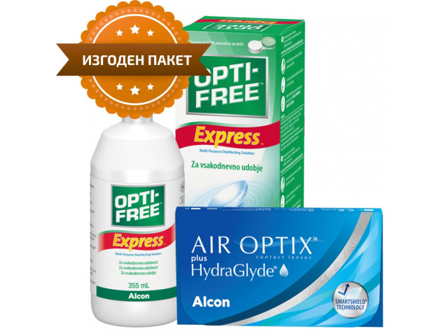 Air Optix® HydraGlyde® (3 + 3 лещи) + Разтвор Opti-Free Express 355 ml Пакет с Air Optix plus HydraGlyde